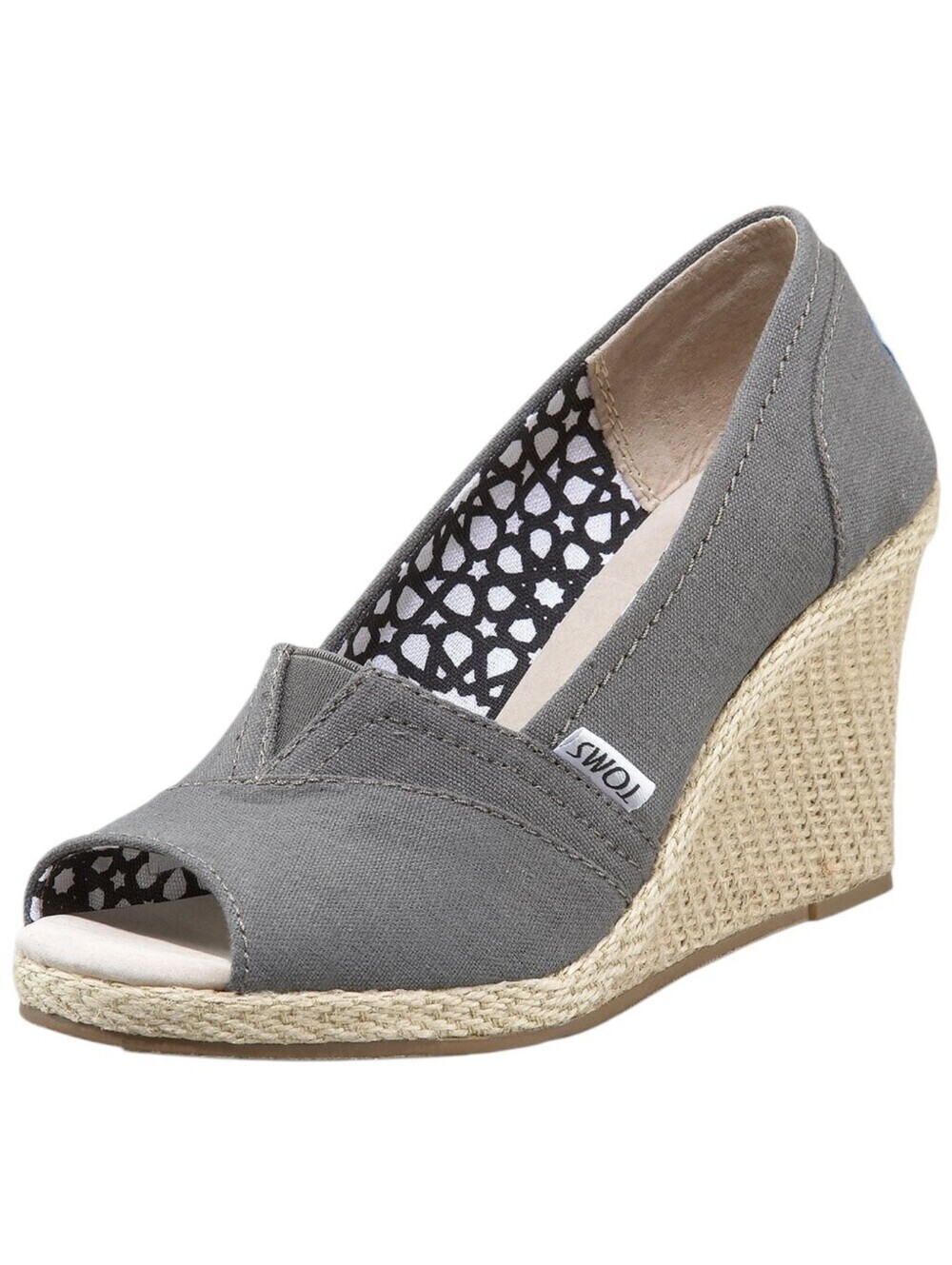 TOMS Calypso Wedge Sandals Women 6 Grey Canvas Peep Toe Espadrille